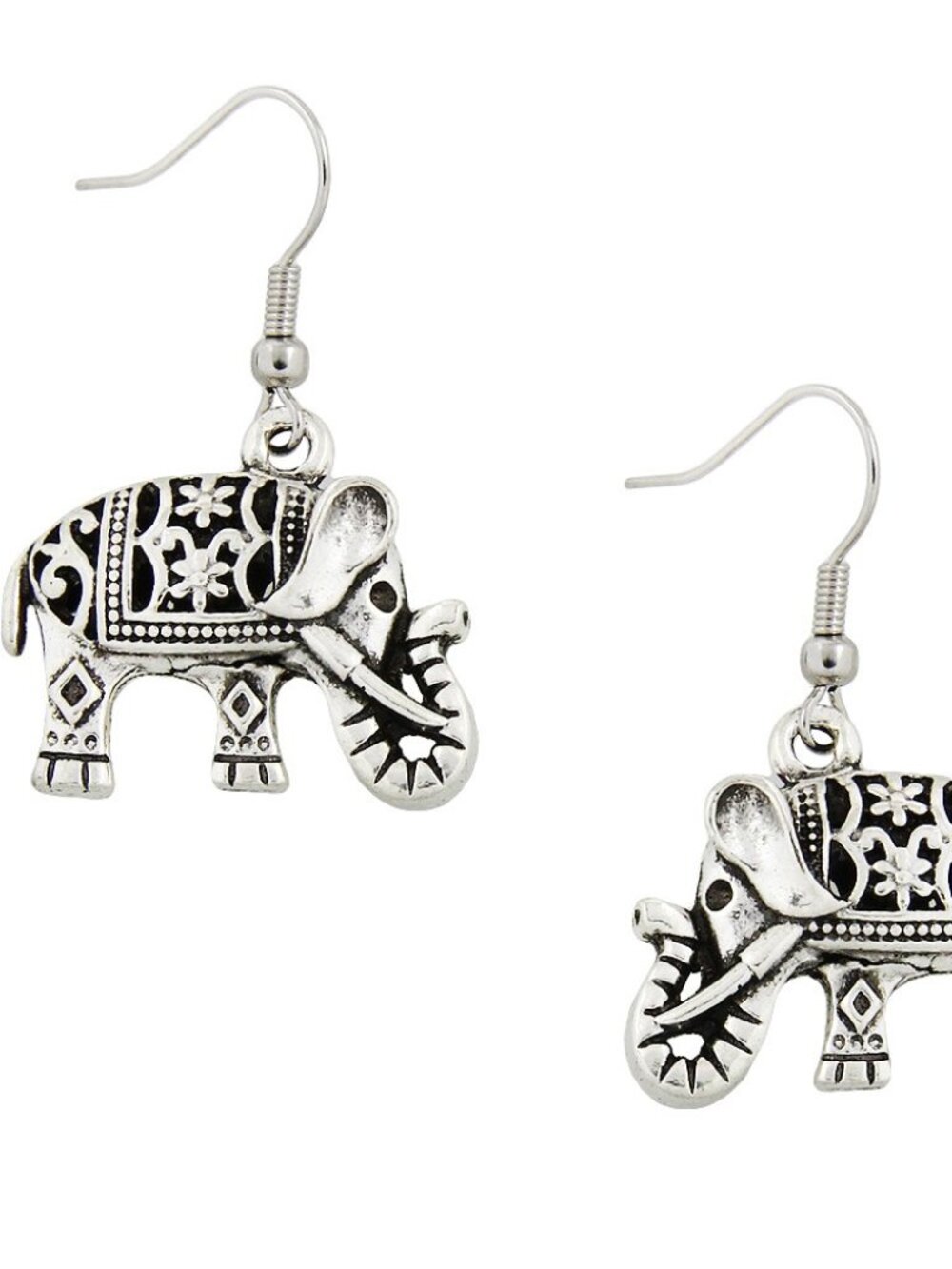 Elephant Earrings SILVER Textured Metal Hook Drop Dangle 0074